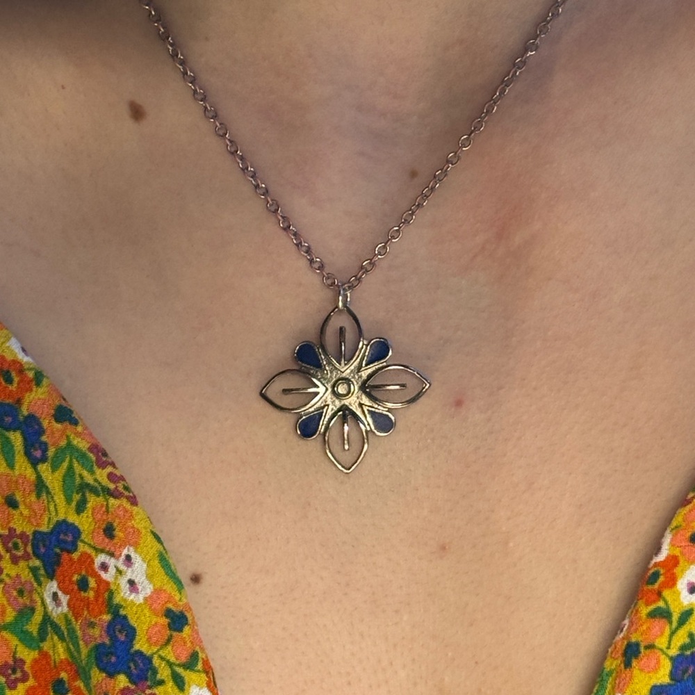 Clase Azul Tequila Logo Blue and Silver Floral Pendant Necklace